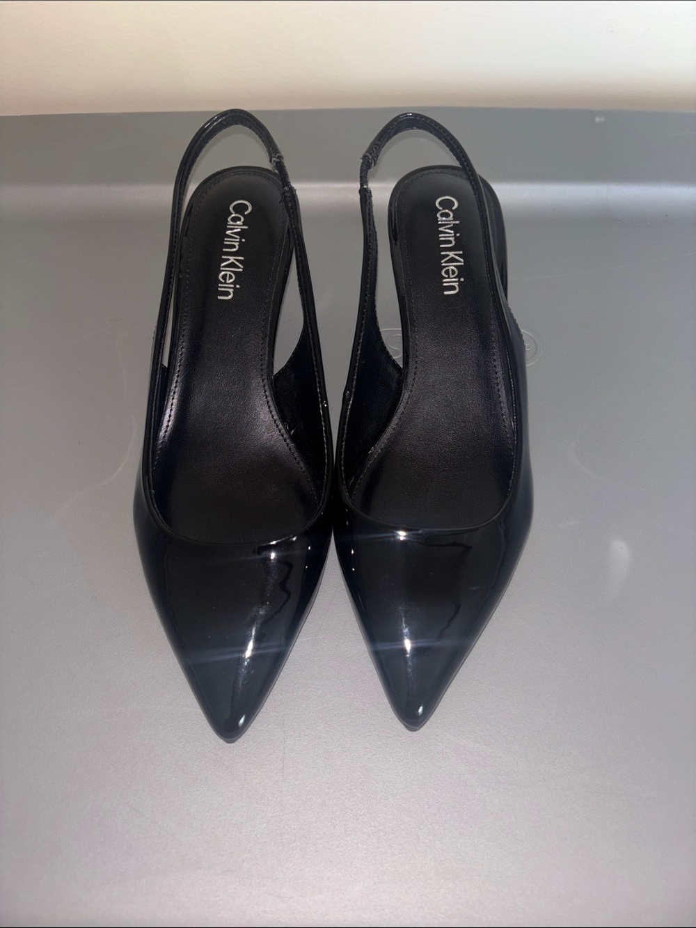 Calvin Klein Black Patent Pointed Slingback Heels